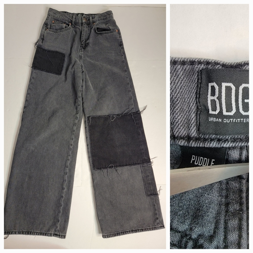 BDG Sz 26 Puddle Jeans High-rise Straight Wide Leg Patchwork Charcoal Gray